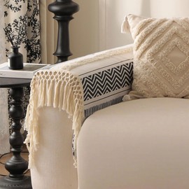 VClife Armrest Cover, Boho Couch Cover Cotton Linen Tufted Sofa Cover with Tassel, Non Slip Sofa Cover for Living Room Dog Couch Cover, 27.6x27.6 inch