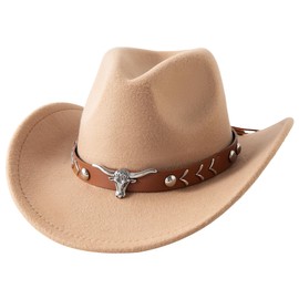JOYEBUY Western Cowboy Hat for Kids Boys Girl Classic Roll Up Fedora Hat with Buckle Belt (US, Age, 6 Years, 10 Years, Camel)