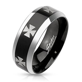 Jinique STR-0201 Laser Etched Iron Cross Stainless Steel Black IP Center Band Ring with Beveled Edge (9)