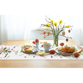 FurniGift Easter Table Runner 13x72 Inch - Natural Linen with Bunny, Eggs,Cross & He is Risen Easter Design for Easter Dining Table, Spring Dining Table & Home Party Decor