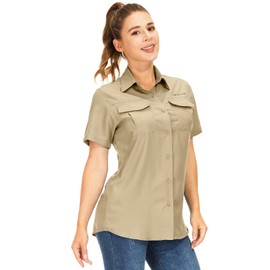 Toumett Women's UPF 50+ UV Sun Protection Safari Shirts,Short Sleeve Quick Dry Outdoor Fishing Hiking Travel Shirts(5076,Khaki,M)