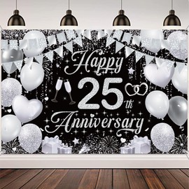 25th Wedding Anniversary Banner Backdrop - Black Silver Happy 25th Anniversary Decorations, Silver Wedding Anniversary Party Photo Background Decoration Supplies(180x120 cm)