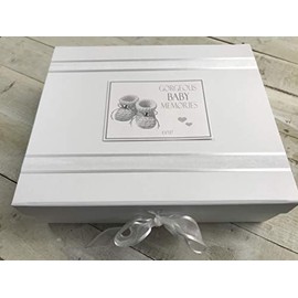 White Cotton Cards Gorgeous Baby Memories, Large Keepsake Box, Silver Booties