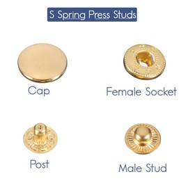 Trimming Shop S Spring Press Studs 4 Part Metal Snaps Durable Lightweight Fasteners for Jeans, Leather Craft, Sewing, Clothes Repair, 15mm, Gold, 100pcs