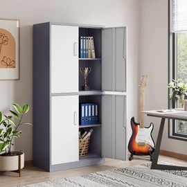 STANI Metal Storage Cabinet, Locking Steel Cabinet with 4 Doors and 2 Adjustable Shelves, 71" Tall Steel Cabinet for Home Office, Garage, School (Grey+White)