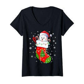 Womens Funny Havanese Dog In Christmas Socks Lights Xmas V-Neck T-Shirt