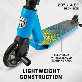 Mongoose Rise 110 Elite Freestyle Stunt Trick Scooter, Lightweight Alloy Deck & Heavy-Duty Frame Up to 220 lbs., Bike-Style Grip, Wheel Pegs Included, Blue/Yellow