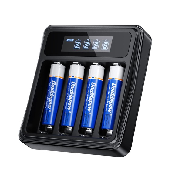 Doublepow Baterías AAA recargables con cargador de batería LCD, batería AAA de litio con cargador de batería individual de 4 ranuras, carga rápida, paquete de 4 baterías AAA de iones de litio de 1,5 V