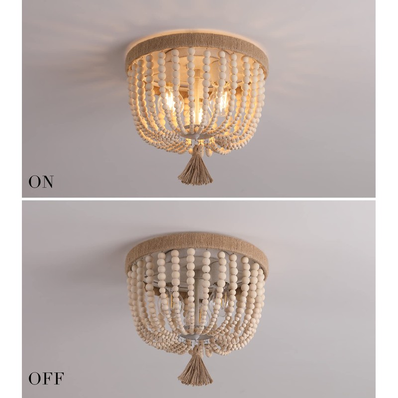 AMZASA Boho Flush Mount Ceiling Light Wooden Beaded Hepm Rope