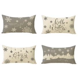 Fjfz Hello Winter Grey White Lumbar Decorative Throw Pillow Cover 12x20 Set of 4, Rectangular Baby It's Cozy Christmas Snowflake Home Decors, Pine Tree Holiday Reindeer Farmhouse Couch Cushion Case