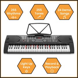 Hamzer 61 Key Keyboard Piano with Lighted Keys, Built-In Speakers, Stand, Bench, & Key Labels - Portable Electronic Musical Keyboard Set for Beginners