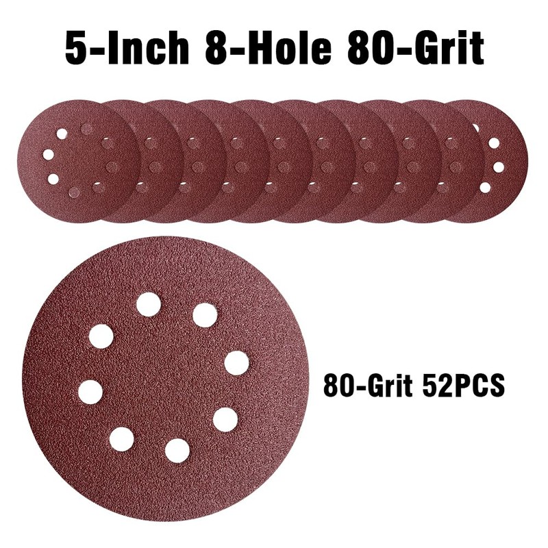 52 Pack 5 Inch 8-Hole Hook and Loop Sanding Discs