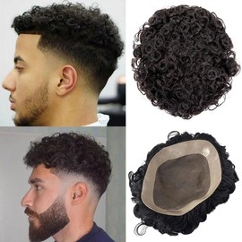 Ehairc Toupee for Men Mono Lace with PU Around Kinky Curly Human Hair System Mens Wig Male Hair Replacement Mens Toupee (15mm 1B（Natural Black）,6 * 9")