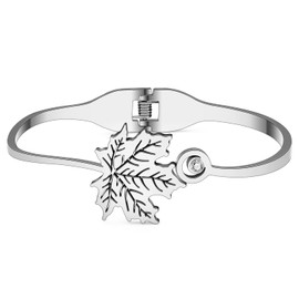 OUSIO Stainless Steel 18K Gold Plated Maple Leaf Cuff Bangle Bracelets Autumn Leaves Plant Trendy Jewelry For Women Charm Fall Decor Birthday Christmas Gifts (Silver)