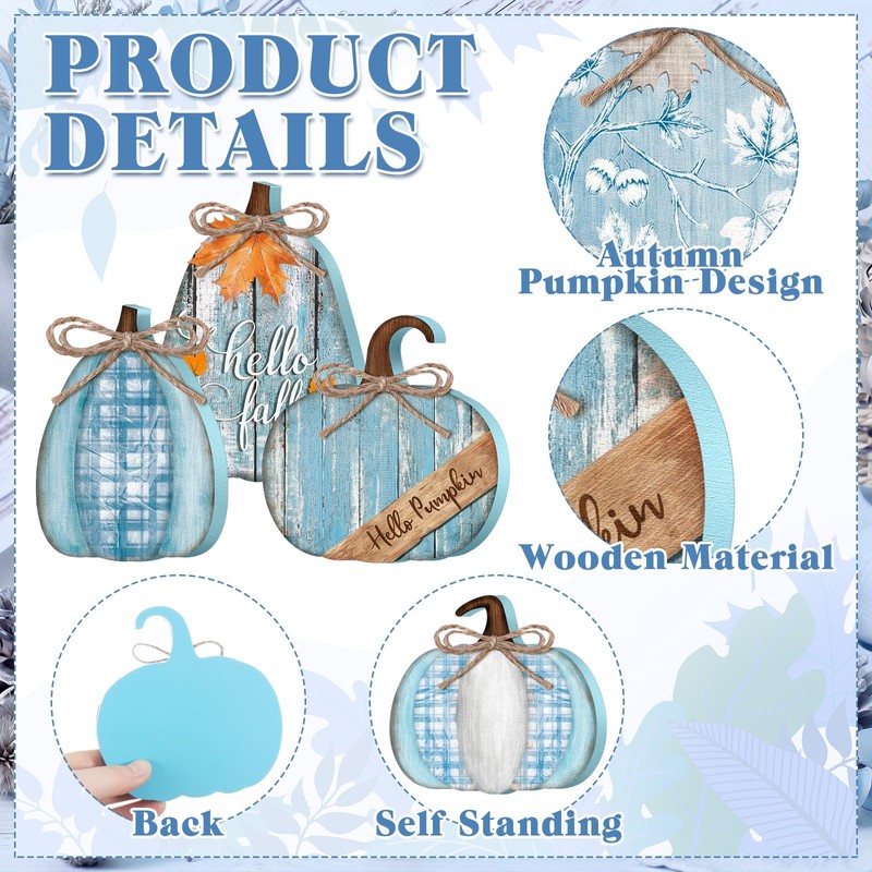6 Pcs Fall Pumpkin Table Decor Wooden Signs, Blue and