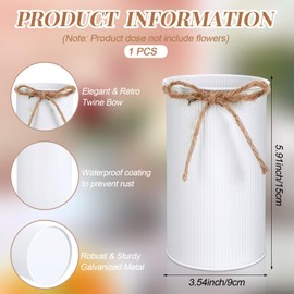 Domensi 5.91 in High Farmhouse Vase Decor Galvanized Metal Flower Vase with Twine Bow Vintage Rustic Tin Flower Buckets for Artificial Floral Table Container DIY(White,1 Pcs)