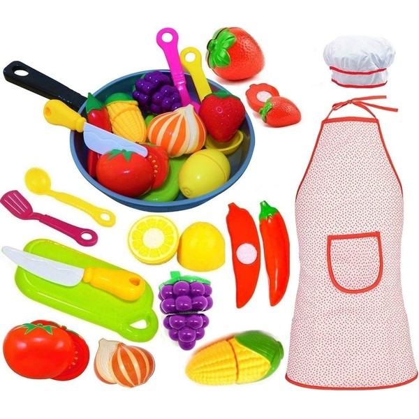 Play Cooking Pan with Cutting Fruits & Vegetables, Apron and Chef Hat, and Play Utensils - Slice up Food with Knife & Cutting Board - for Toddlers and Girls Toy Kitchen - Fake Food Pretend Pot Set