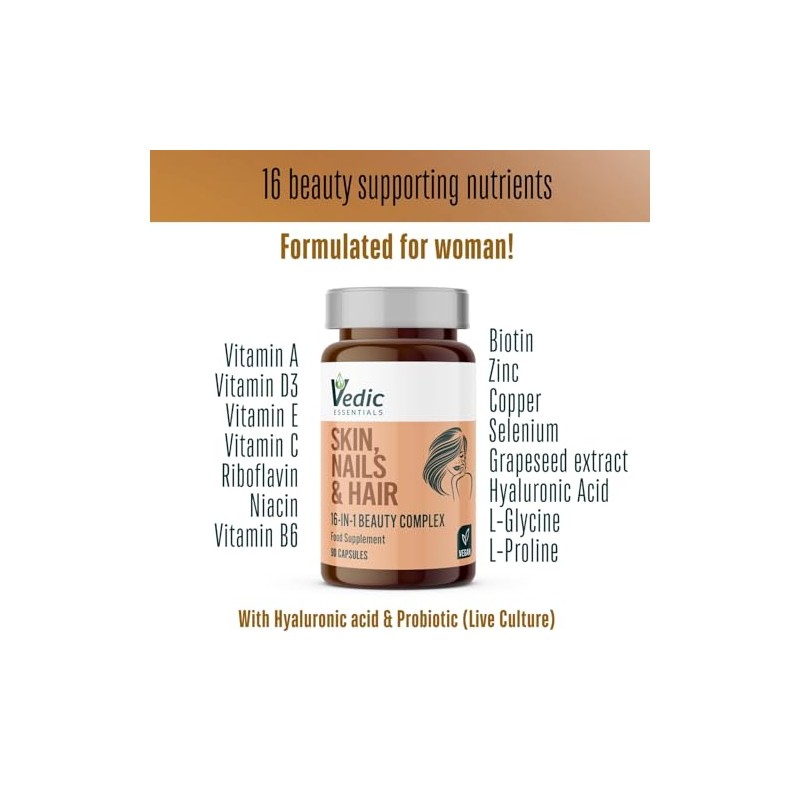 Vedic Skin Hair Nails Beauty Complex | 16-in-1 Vegan Capsules