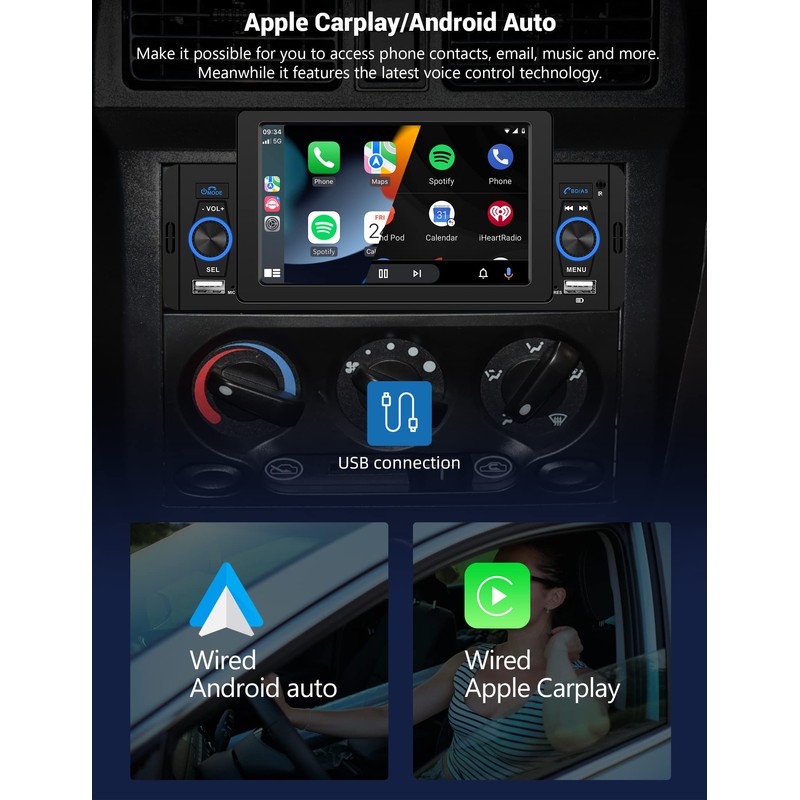 Single Din Car Stereo with Apple Carplay Android Auto, METEESER