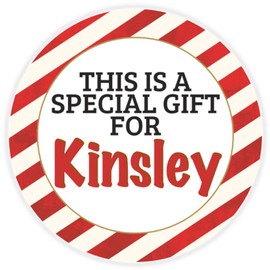 This is a Gift for Kinsley - 3 Pack Circle Stickers 3 Inch - Candy Cane Merry Christmas Gift Tag Present Tree Holiday Custom Name Santa Claus