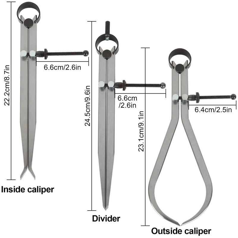 3 Piece Spring Caliper/Divider Set, 8 inches Inside Spring Outside