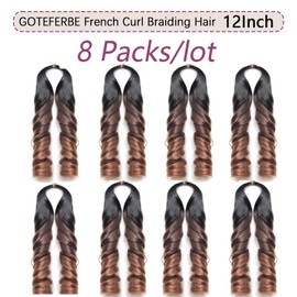 French Curly Braiding Hair 12 Inch Loose Wavy Hair for Braiding Hair Extensions Synthetic French Curl Crochet Braids for Black Women 8 Packs 1B/33/30