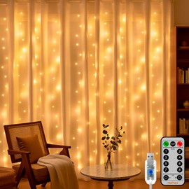 HeiPard Christmas Curtain Lights 300LED 3x3m, Fairy Lights Plug in USB with Remote, 8 Modes & Dimmer, IP44 Waterproof, Curtain String Lights for Bedroom Wedding Party Decorations (Warm White)