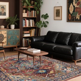 5x7 Non-Slip Washable Area Rug for Living Room, Bedroom & Dining Room - Durable Vintage Retro Design Carpet with Stain Resistant Easy Clean Kid & Pet Friendly (Brown/Navy)