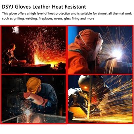 DSYJ Welding Gloves Long Leather Gaunlets Heat Resistant Lined Extreme Heat Resistant Gloves, Ideal Welding gloves for TIG and MIG, Perfect BBQ gloves for cooking in Grill and Oven Red