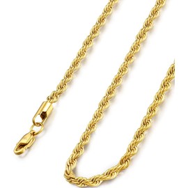 FIBO STEEL 4mm Stainless Steel Rope Chain Necklace for Men 20 inches Gold-tone