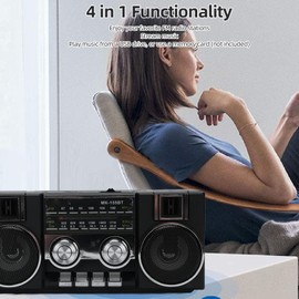 AM FM Radio Portable, 4 in 1 Digital Radio Supports Bluetooth, TF Card, USB Flash Drive, Double Speakers, for Garden Park Bathroom (Gold) (Black)
