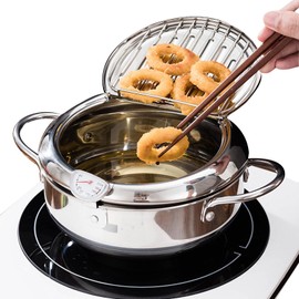 Deep Fryer Pot, 9.8"/3L Stainless Steel Japanese Tempura Frying Pot with Lid, Temperature Control, Oil Drip Drainer Rack for Fried Chicken, Shrimp, French Chips