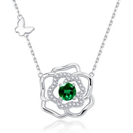 Leva Jewkis 925 Sterling Silver Birthstone Necklace for Women Created Gemstone Necklaces Flower Camellia Jewellery Gifts for Women Girls 45 + 5 cm Adjustable Chain, Sterling Silver, Created Emerald