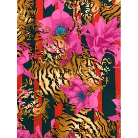 Tiger Print and Pink Floral Pattern Fabric, Striped Design with Turquoise Accents 56 Wide Sold by The Yard