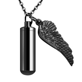 Dletay Cylinder Cremation Urn Necklace for Ashes Memorial Keepsake Pendant with Angel Wing Stainless Steel Remembrance Jewelry（Black）