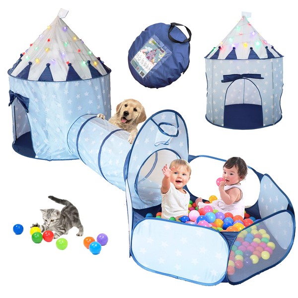 LimitlessFunN 4pc Kids Play Tent, Crawl Tunnel, Ball Pit and Star Lights [ Pop Up Portable Glow in The Dark Stars ] Children Castle Playhouse for Girls & Boys, Indoor and Outdoor, Blue
