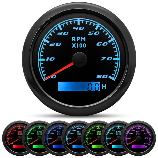 MAIMEIMI Tachometer Gauge 7 Color 0-8000 RPM Tacho Meter 85mm 3 3/8" for Auto Boat Marine Vehicle（Black）