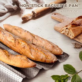KITESSENSU KITESSENSU Nonstick Baguette Pans for French Bread Baking, Perforated 2 Loaves Baguettes Bakery Tray, 15" x 6.3", Silver