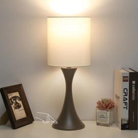 3 Way Touch Control Table Lamp, Modern Bedside Lamp Dimmable Nightstand Lamp with Beige Shade and Dark Brown Base, Small Desk Lamp for Living Room, Dorm, Home Office, 9W LED Bulb Included