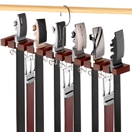 Belt Hanger for Closet Max 42 Belts, 2-in-1 Wall Mount Belt Organizer with 360° Rotating Hooks, Wooden Tie and Belt Rack for Closet Accessories Organizers and Storage, Walnut Wood