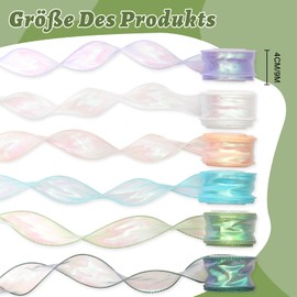 6 Rollen 40mm Geschenkband,Transparentes Schleifenband Weiß Grün Blau Hochzeit, Schillerndes Organzaband,Geschenkband Breit,Chiffonband für Geschenk Deko, Hochzeit,Seinladungen,Blumenstrauß,Basteln