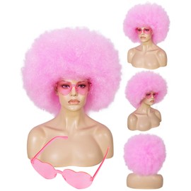 BESTBEL+Hair Cap Pink Afro Wig and Sunglasses Pink Wigs for Women Curly Afro Wig for Halloween Disco Party Outfits Funny Wigs with Bangs Cosplay Costume Fluffy Bouncy Synthetic Hair