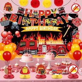 Fire Truck Birthday Decorations Fire Truck Birthday Banner Firefighter Themed Party Hanging Swirls Honeycomb Centerpieces Balloons, Paper Pom Poms for Boys Girls Firetruck Party Supplies