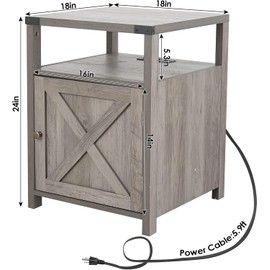 HOSEOKA Farmhouse Nightstand with Charging Station, Rustic End Table Bedroom with Storage Living Room Side Table Grey Night Stand Industrial Bedside Bed Table with USB Ports and Outlets