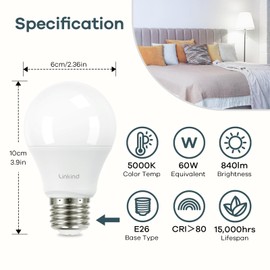 Linkind A19 LED Light Bulb, 60W Equivalent Light Bulbs, 8.5W 5000K Daylight, 840 Lumens Non-Dimmable LED Bulb, E26 Standard Base, Energy Efficient, 6-Pack