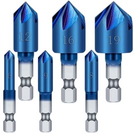 KEWAYO 6 PCS Countersink Drill Bit Set, 1/4" Hex Shank HSS 90° Titanium Coated Metal End Mill, Blue Nano Coated 5 Flute Chamfer Countersink Bits for Wood and Soft Metal Chamfer Cutter