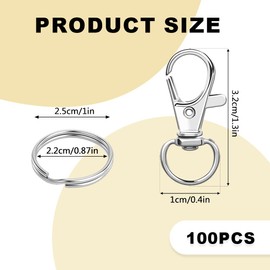 XPEX Pack of 100 Gold Key Ring, Rotating Lobster Clasps, Key Ring Clip Hooks, Twist Clasps, 50 Pieces Golden Rotating Carabiner Hooks and 50 Pieces Golden Key Rings (A) (Silver)
