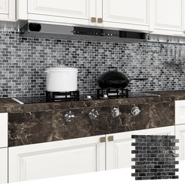 Lovdeco Black Glass Mosaic Tile, Black Glass Backsplash for Kitchen Bathroom Shower Wall, 5 SQ.FT., 5 Sheets