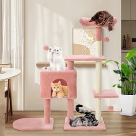 41 Inches Flower Cat Tree Tower with Scratching Post, Tall Cat Trees for Indoor Cats Large Adult, Multi-Level Cozy Plush Cat Houses & Condo Furniture with Top Perch, Cats Climbing Towers(Pink)