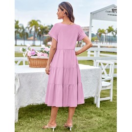 Short Sleeve Dress 2025 Loose Maternity Summer Dresses Round Neck Bow Tie Front Tiered Midi Casual Dress Purple L